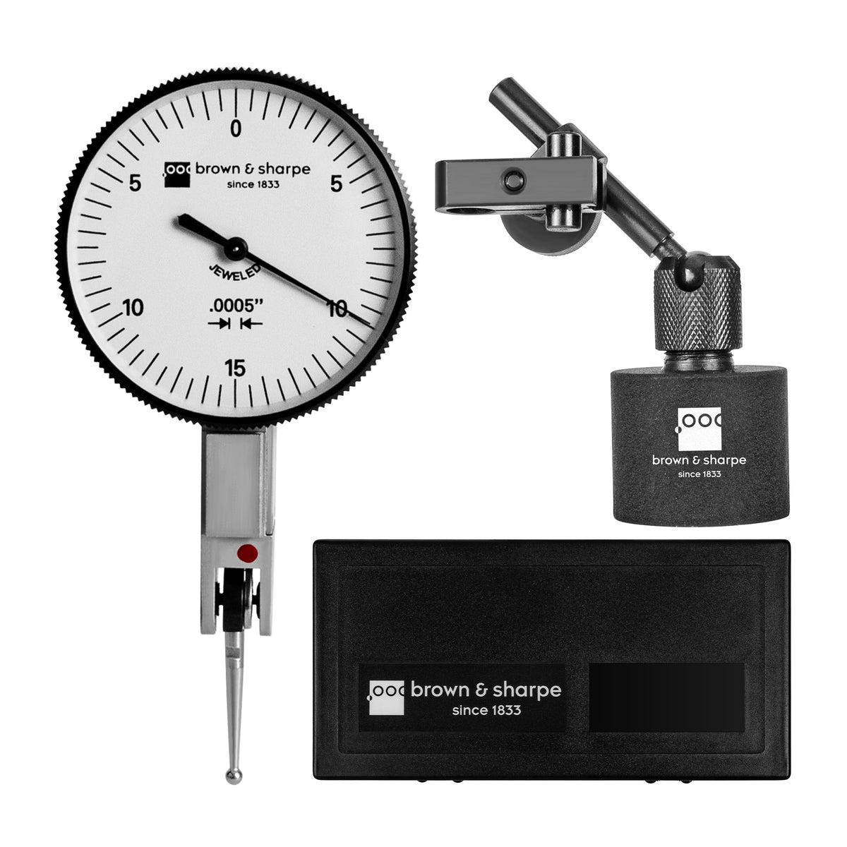 Horizontal Dial Lever Indicator Kit With Base, Ruby Bearings,0.03 inch range,0.0005‑inch graduation,white background
