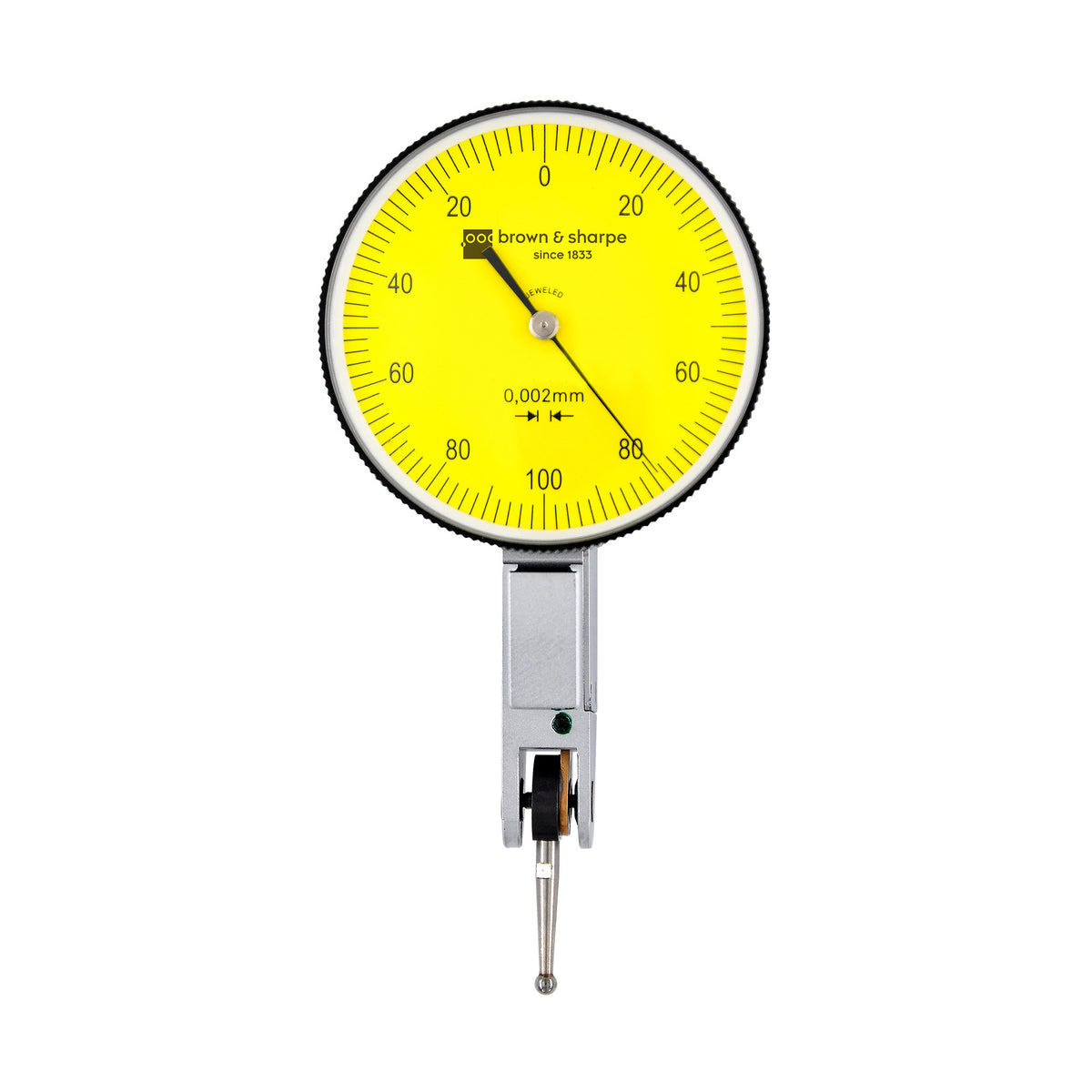 Ruby Bearings Horizontal Dial Lever Indicator 0.2mm Range 0-100-0 Dial 0.002mm Graduation on white background