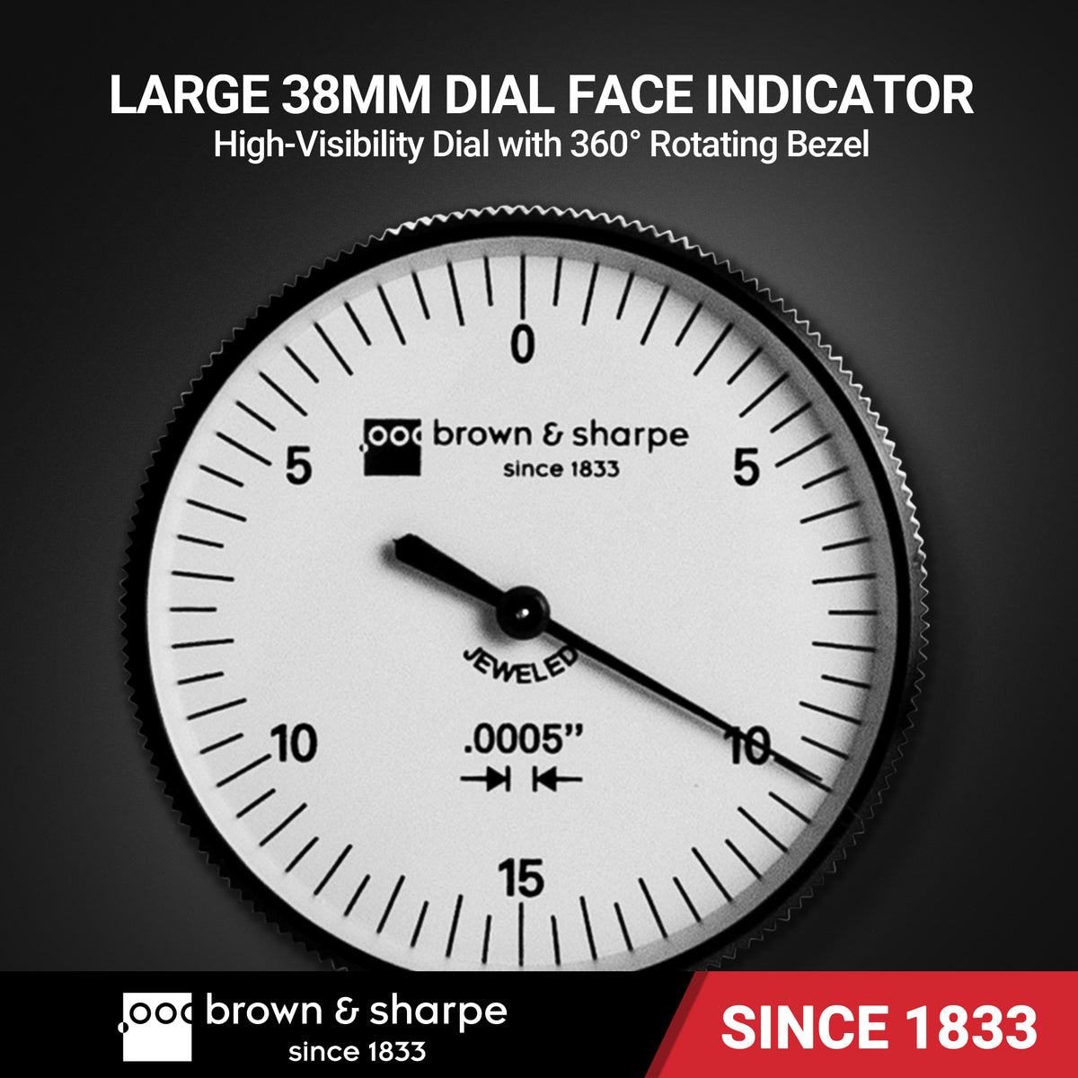 Brown & Sharpe white 0.03 in. dial test indicator with 38 mm dial face and rotating bezel