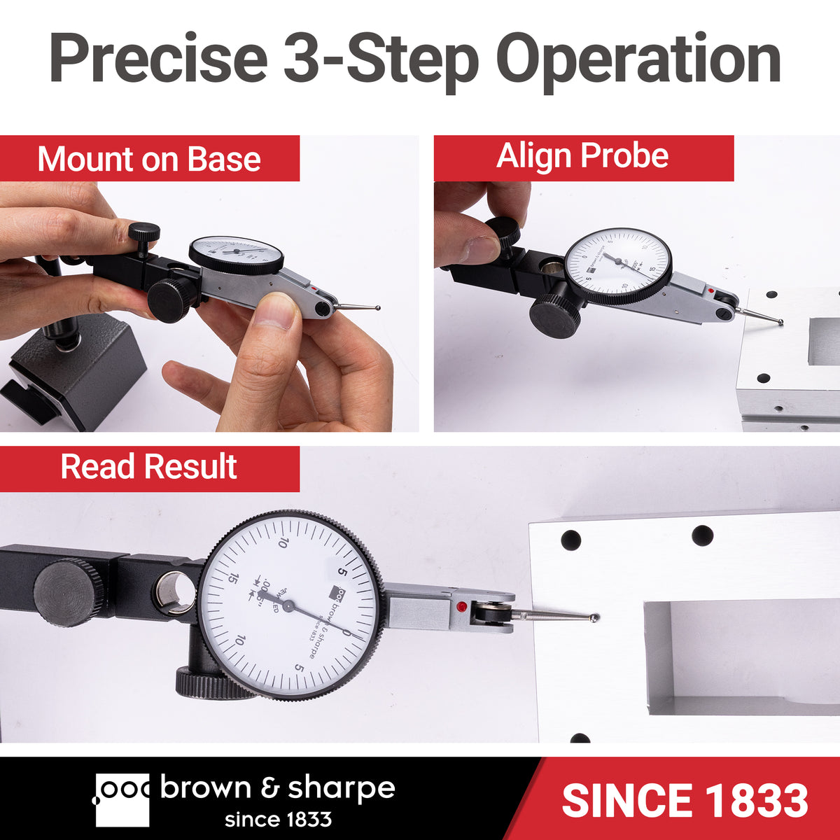 Three-step operating procedure for Brown & Sharpe dial test indicator