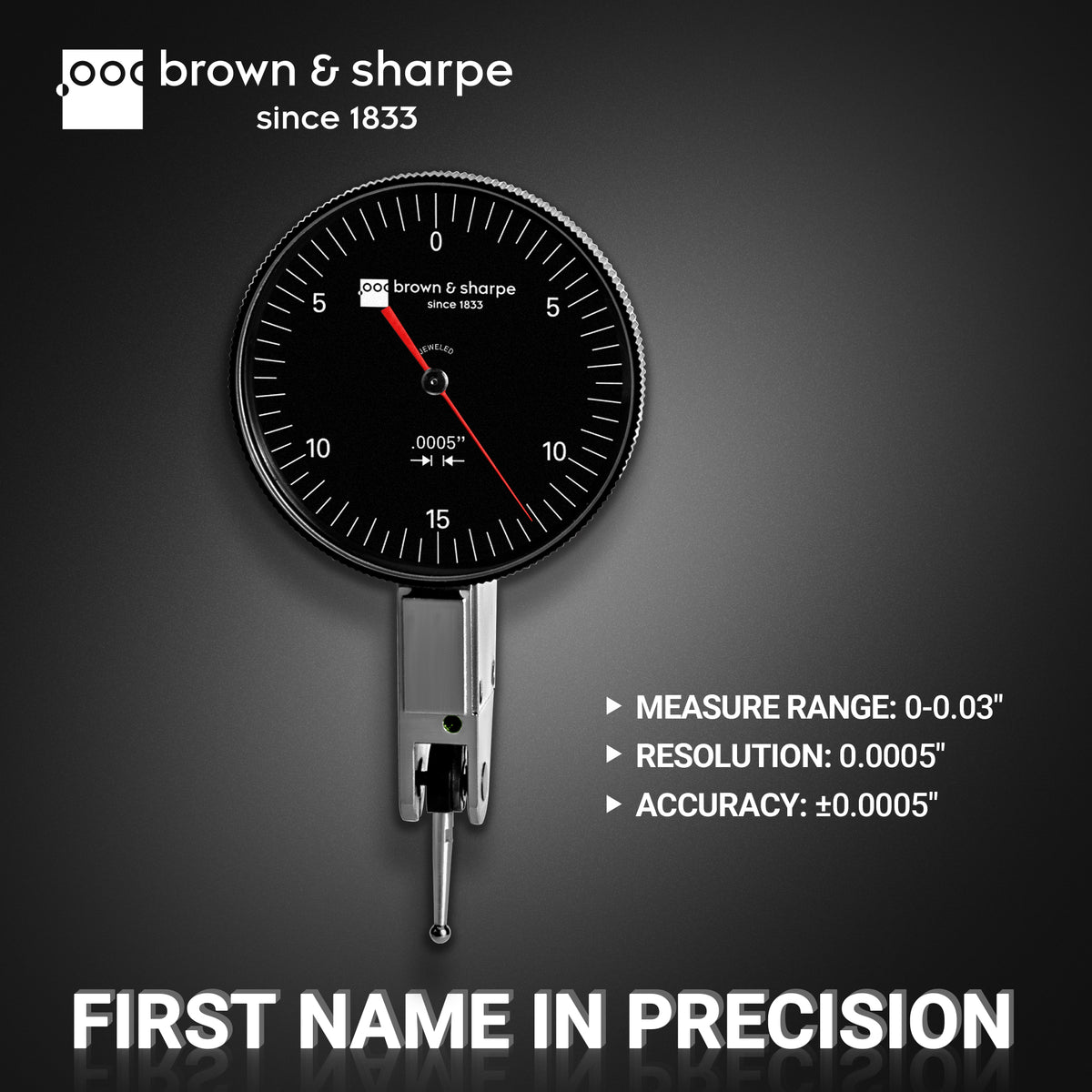 Ruby Bearings Horizontal Dial Lever Indicator specification display, 0‑0.03 inch measuring range, 0.0005‑inch resolution and ±0.0005‑inch tolerance