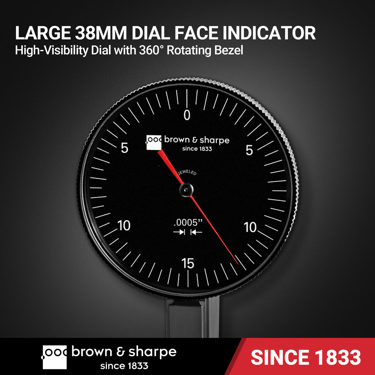Brown & Sharpe dial test indicator with 38 mm dial face and rotating bezel