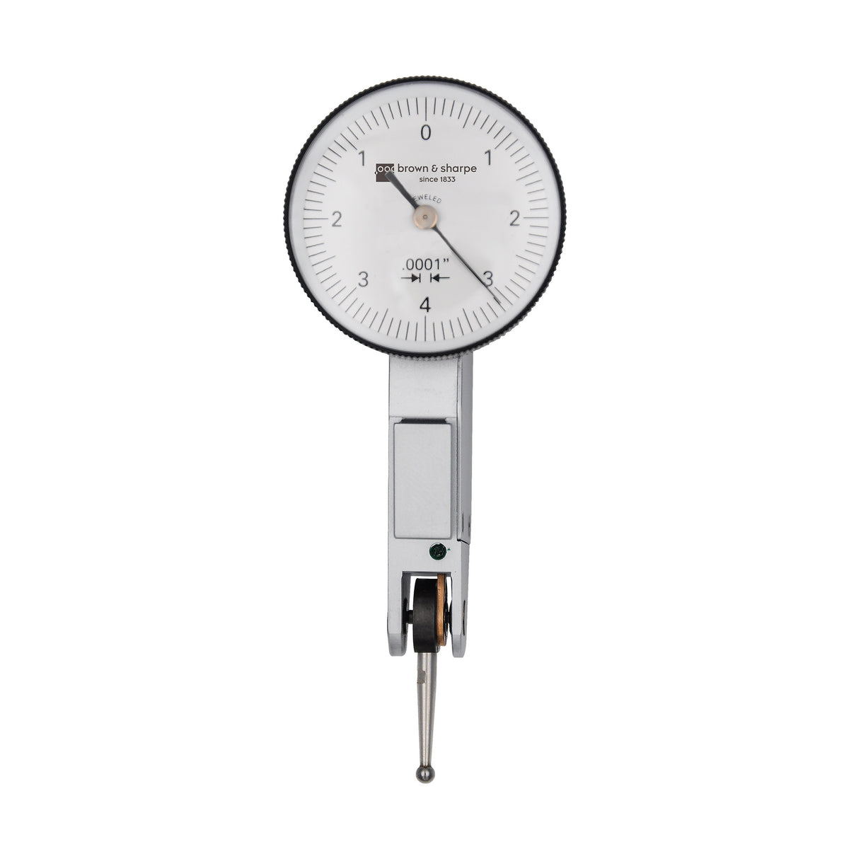 Ruby Bearings Horizontal Compact Dial Lever Indicator 0.008 in. Range 0-4-0 Dial 0.0001‘’ Graduation on white background