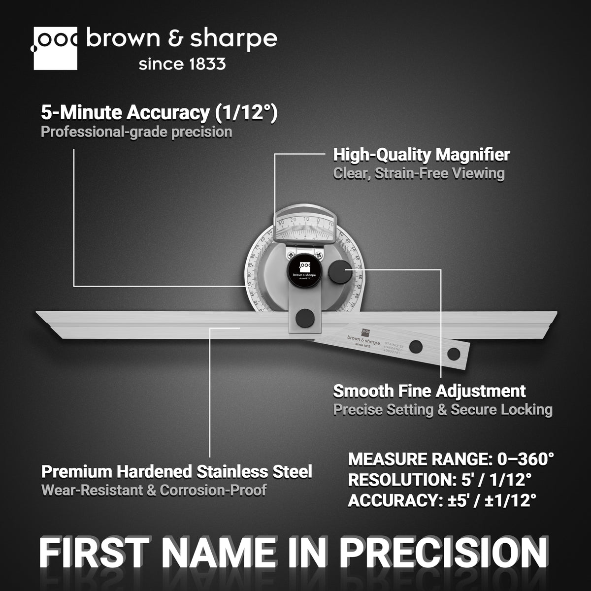 Brown & Sharpe 0-360° vernier bevel protractor with magnifying lens and fine-adjustment knob